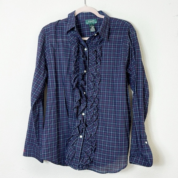 Lauren Ralph Lauren Button Down Shirt Ruffle Front iDark Navy Blue Purplish sz L - Picture 9 of 9